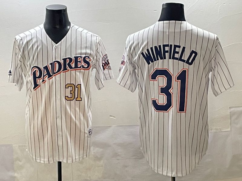 Men 2025 San Diego Padres #31 Winfield White Stripe Throwback Game Nike MLB Jersey style 4